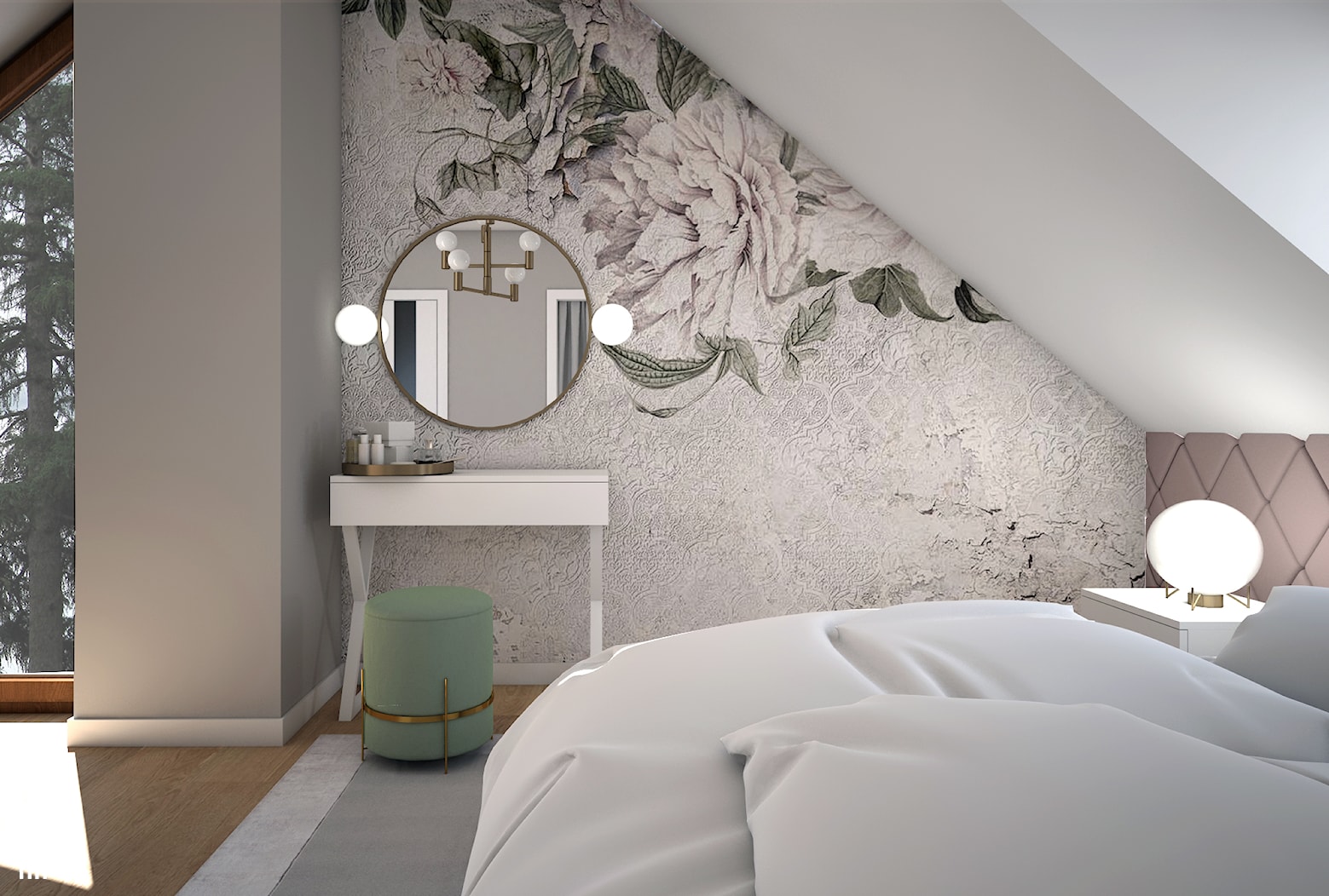 Sypialnia Glamour - Mała biała szara sypialnia na poddaszu, styl glamour - zdjęcie od Schemat - Homebook