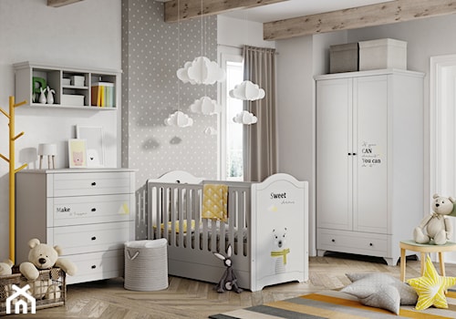 Meble dla dzieci - Średni biały szary pokój dziecka dla niemowlaka dla chłopca dla dziewczynki, styl skandynawski - zdjęcie od Galeria Wnętrz Domar