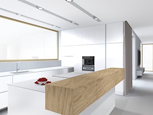 projekty - Duża otwarta biała z zabudowaną lodówką z podblatowym zlewozmywakiem kuchnia w kształcie litery l z wyspą lub półwyspem, styl minimalistyczny - zdjęcie od marina suchorska architektura wnętrz