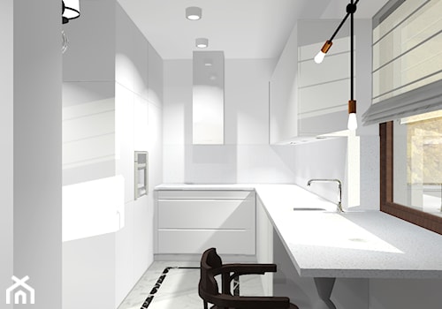 projekty - Mała średnia otwarta biała z zabudowaną lodówką kuchnia w kształcie litery l z marmurową podłogą, styl nowoczesny - zdjęcie od marina suchorska architektura wnętrz