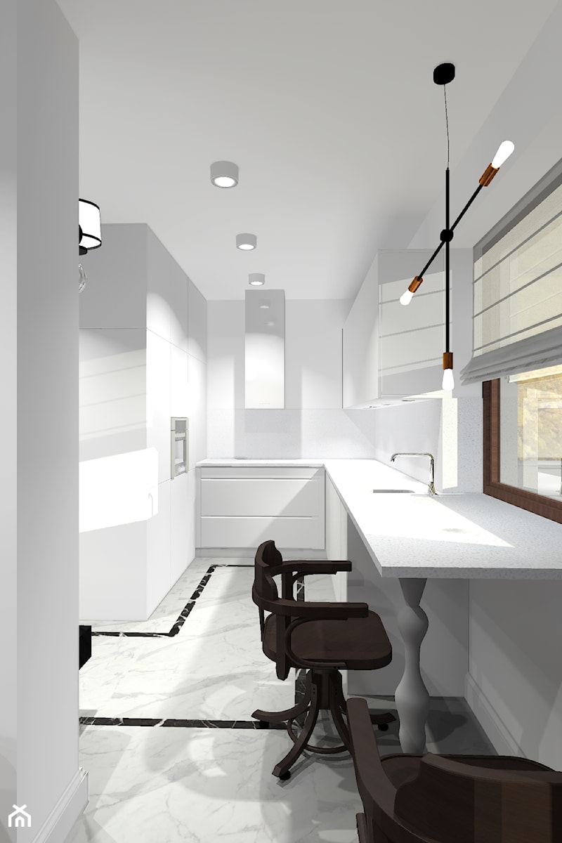 projekty - Mała średnia otwarta biała z zabudowaną lodówką kuchnia w kształcie litery l z marmurową podłogą, styl nowoczesny - zdjęcie od marina suchorska architektura wnętrz