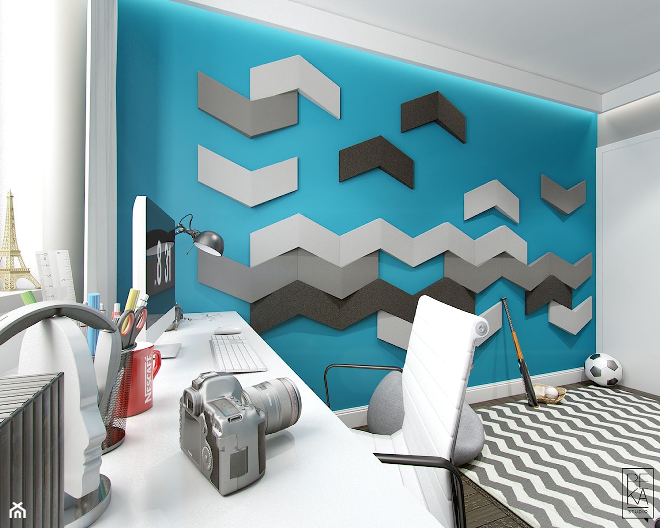 JASNE MIESZKANIE - Średni niebieski z panelami tapicerowanymi pokój dziecka dla nastolatka dla chłop ... - zdjęcie od PEKA STUDIO - Homebook