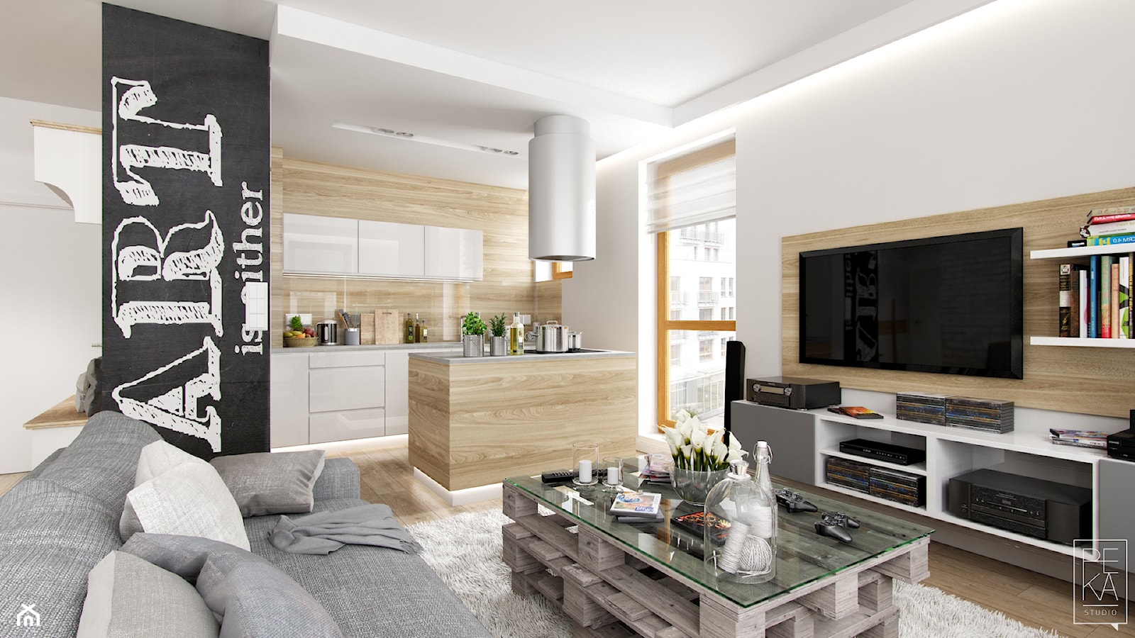 PORTFOLIO - Średni biały czarny salon z kuchnią, styl skandynawski - zdjęcie od PEKA STUDIO - Homebook