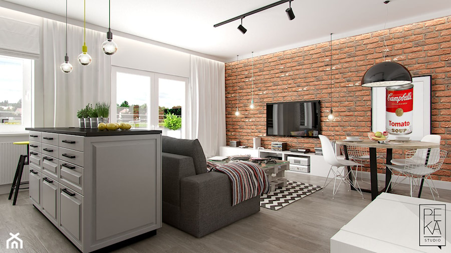 INDUSTRIALNE MIESZKANIE - Mały biały salon z kuchnią z jadalnią, styl industrialny - zdjęcie od PEKA STUDIO