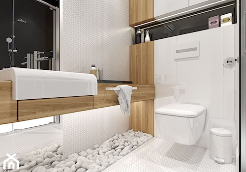 NOWOCZESNY SEGMENT - Mała na poddaszu bez okna z marmurową podłogą łazienka, styl nowoczesny - zdjęcie od PEKA STUDIO