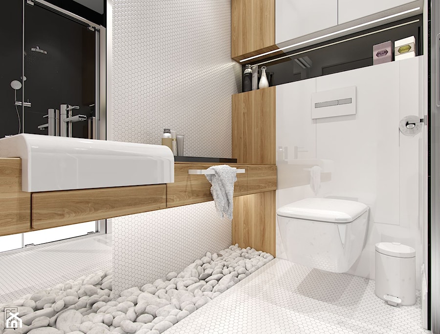 NOWOCZESNY SEGMENT - Mała na poddaszu bez okna z marmurową podłogą łazienka, styl nowoczesny - zdjęcie od PEKA STUDIO