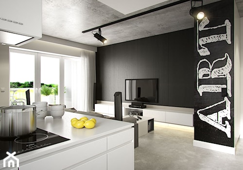PORTFOLIO - Mały biały czarny salon z kuchnią z jadalnią z tarasem / balkonem, styl industrialny - zdjęcie od PEKA STUDIO