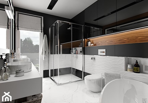 NOWOCZESNY SEGMENT - Duża z dwoma umywalkami z marmurową podłogą z punktowym oświetleniem łazienka z oknem, styl nowoczesny - zdjęcie od PEKA STUDIO