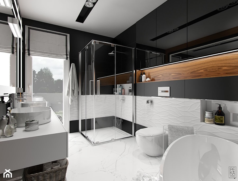 NOWOCZESNY SEGMENT - Duża z dwoma umywalkami z marmurową podłogą z punktowym oświetleniem łazienka z oknem, styl nowoczesny - zdjęcie od PEKA STUDIO