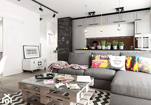 INDUSTRIALNE MIESZKANIE - Średni biały czarny salon z kuchnią z jadalnią, styl industrialny - zdjęcie od PEKA STUDIO