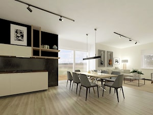 męskie wnętrze - Średnia otwarta z salonem biała czarna z zabudowaną lodówką kuchnia jednorzędowa z oknem z marmurem nad blatem kuchennym, styl nowoczesny - zdjęcie od architekt Karolina Radoń