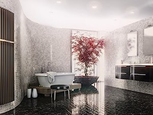 Aranżacje - Duża z lustrem z dwoma umywalkami z punktowym oświetleniem łazienka z oknem, styl glamour - zdjęcie od Zehnder
