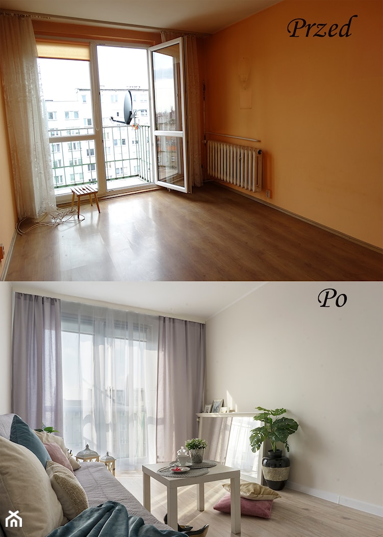 Wrocław mieszkanie w bloku 10 piętro - Mały beżowy salon z tarasem / balkonem - zdjęcie od EO Nieruchomości - Homebook