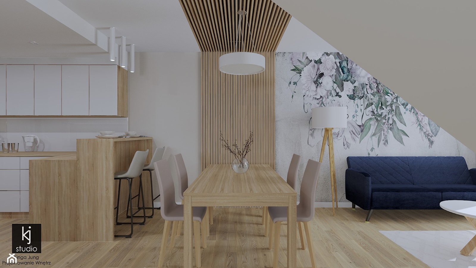 Salon z kuchnią i wydzielonym miejscem na domową biblioteczkę - Jadalnia, styl nowoczesny - zdjęcie od KJ Studio Projektowanie wnętrz - Homebook