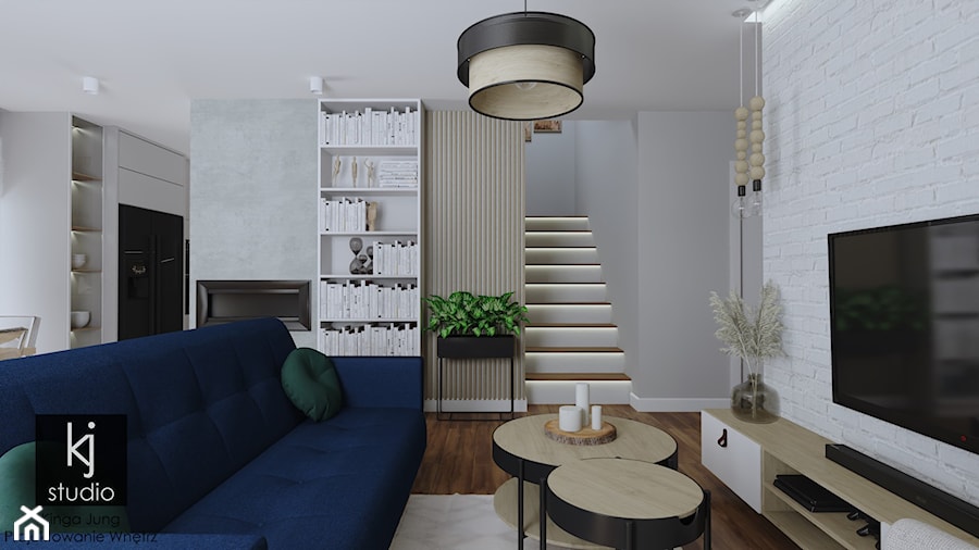 Salon z granatową sofą (Dom w Malinówkach) - Salon, styl nowoczesny - zdjęcie od KJ Studio Projektowanie wnętrz