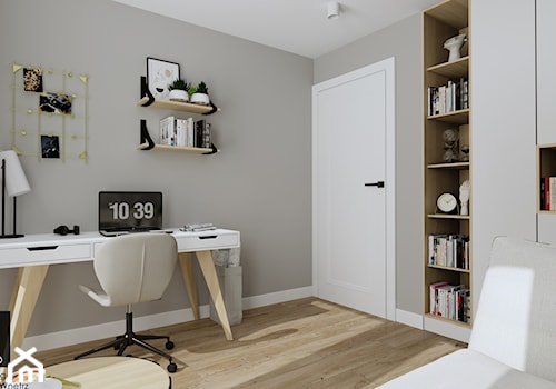 Domowe biuro w stylu skandynawskim - Średnie z sofą szare biuro, styl skandynawski - zdjęcie od KJ Studio Projektowanie wnętrz