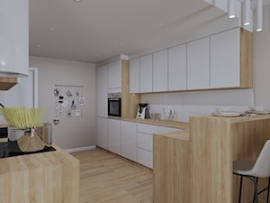 Salon z kuchnią i wydzielonym miejscem na domową biblioteczkę - Kuchnia, styl nowoczesny - zdjęcie od KJ Studio Projektowanie wnętrz