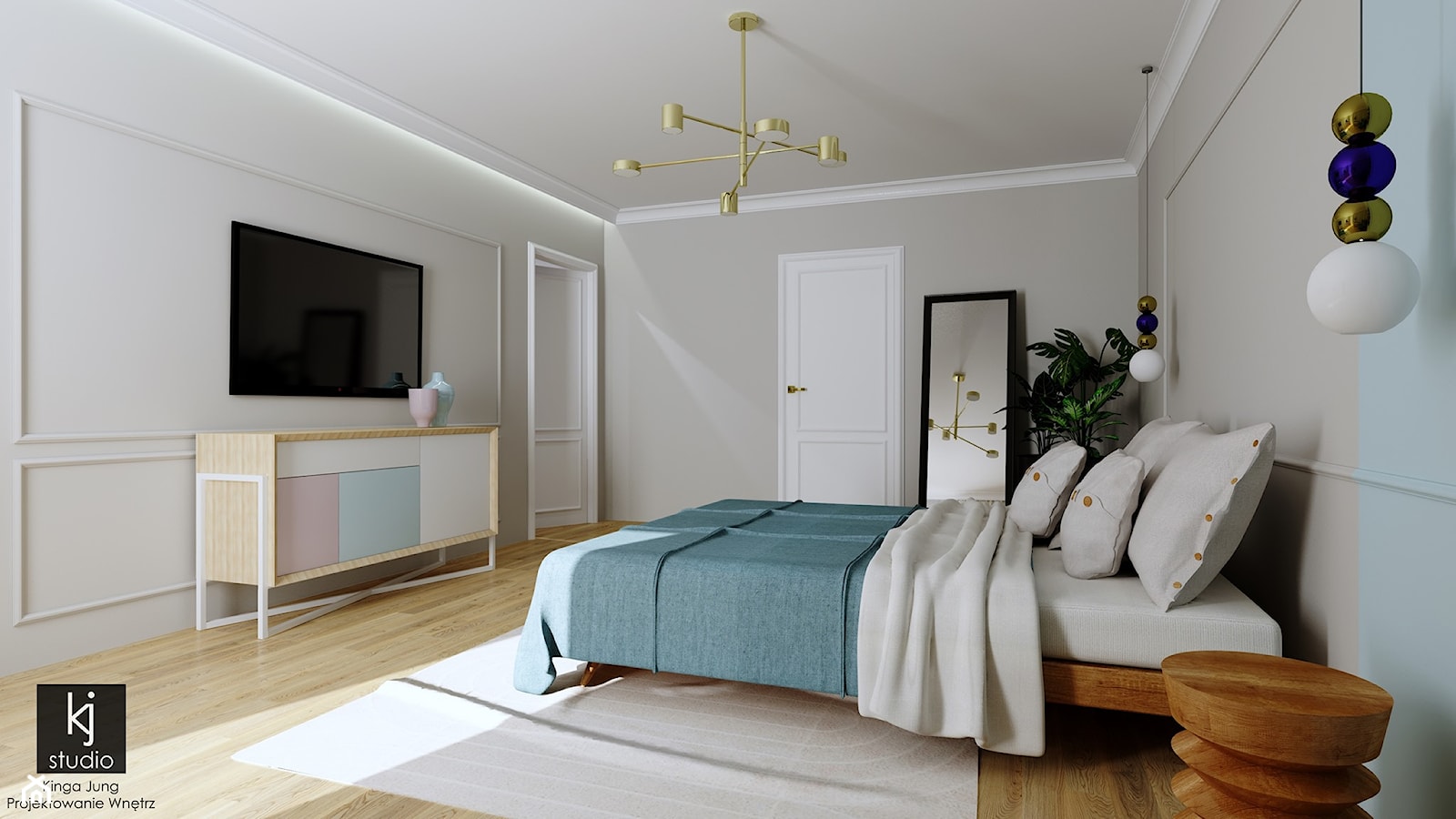 Sypialnia w błękicie i różu - Sypialnia, styl nowoczesny - zdjęcie od KJ Studio Projektowanie wnętrz - Homebook