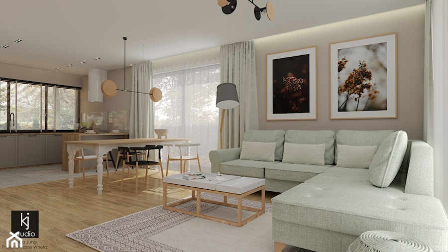 Parter w domu jednorodzinnym w odcieniach taupe - Salon, styl skandynawski - zdjęcie od KJ Studio Projektowanie wnętrz