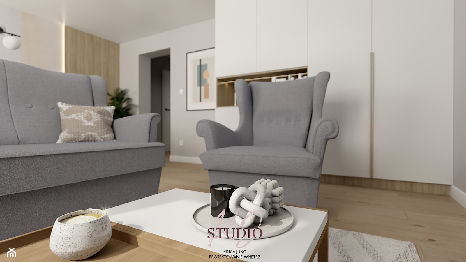 Salon z szarą sofą (Jasło) - Salon, styl nowoczesny - zdjęcie od KJ Studio Projektowanie wnętrz - Homebook