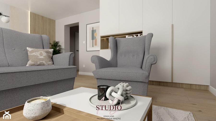 Salon z szarą sofą (Jasło) - Salon, styl nowoczesny - zdjęcie od KJ Studio Projektowanie wnętrz