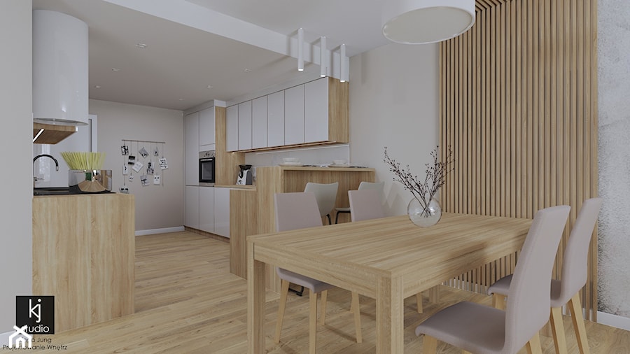 Salon z kuchnią i wydzielonym miejscem na domową biblioteczkę - Jadalnia, styl nowoczesny - zdjęcie od KJ Studio Projektowanie wnętrz