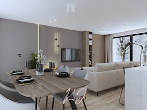Salon beż i drewno (dom w Gliwicach) - Salon, styl nowoczesny - zdjęcie od KJ Studio Projektowanie wnętrz