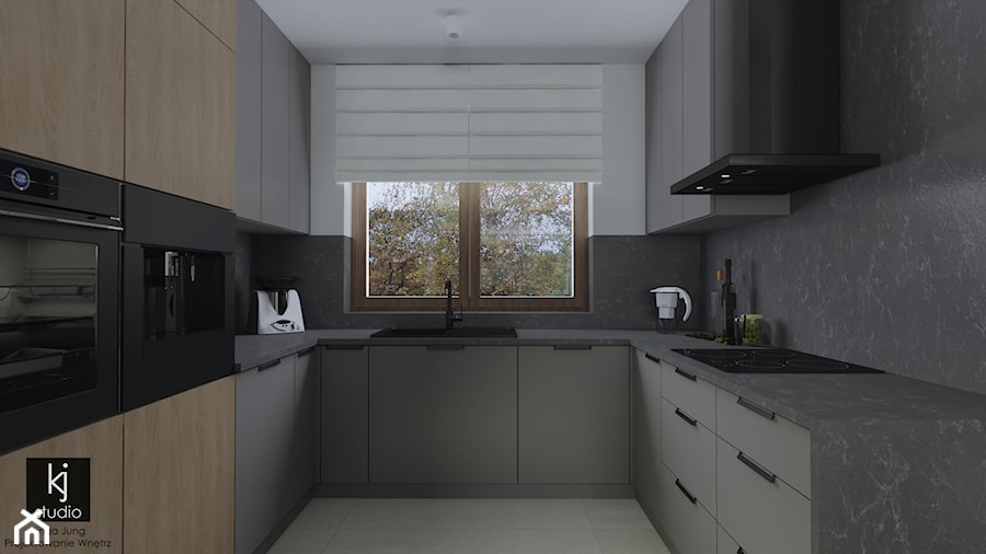 Parter domu w szarościach - Kuchnia, styl nowoczesny - zdjęcie od KJ Studio Projektowanie wnętrz