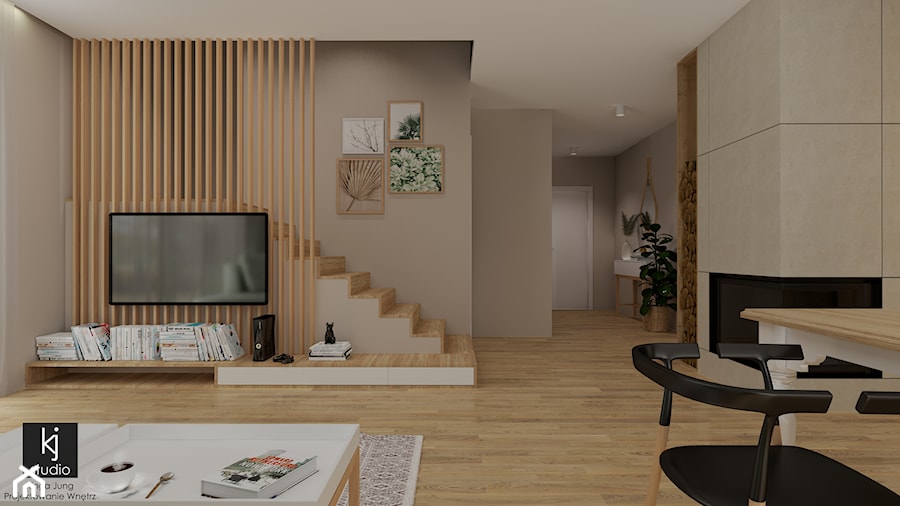 Parter w domu jednorodzinnym w odcieniach taupe - Salon, styl skandynawski - zdjęcie od KJ Studio Projektowanie wnętrz