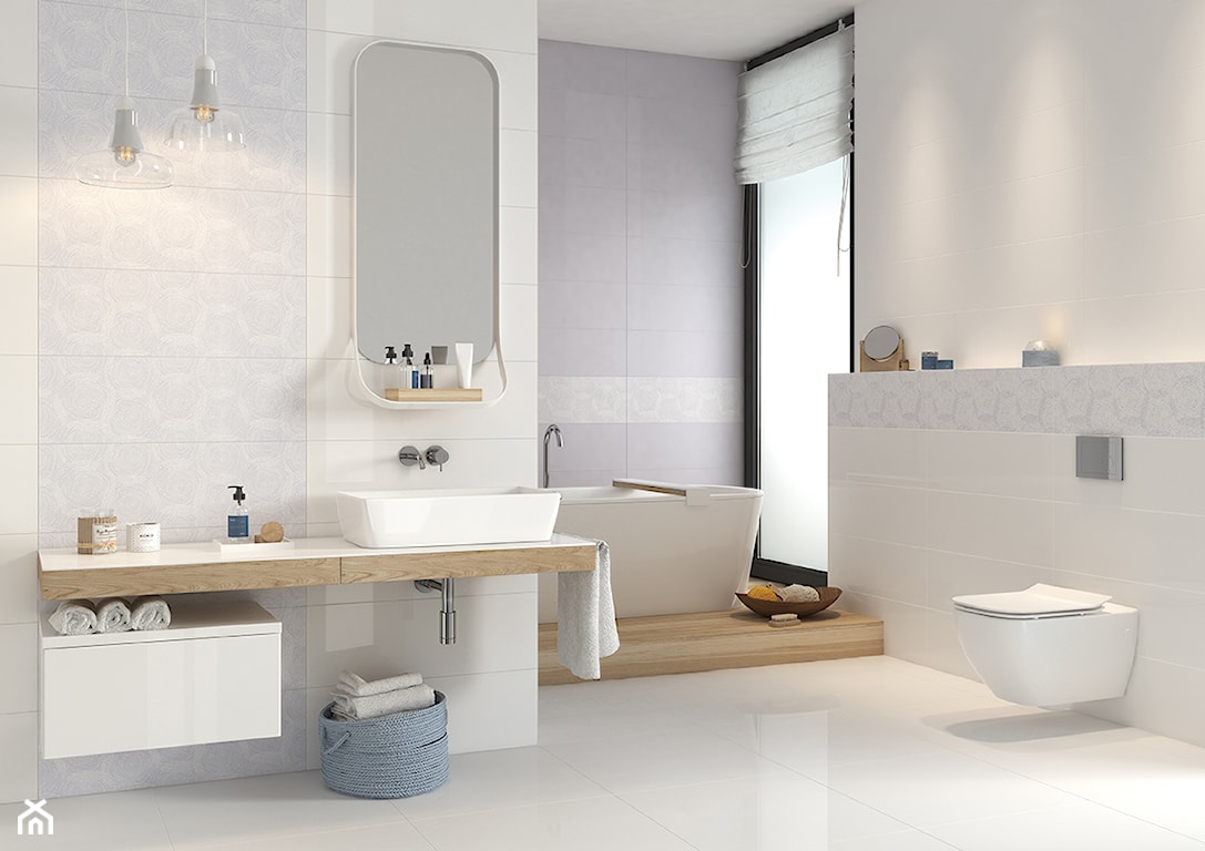biel i drewno w łazience, jasna łazienka, płytki dekoracyjne z geometrycznym wzorem