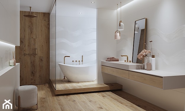 łazienka w stylu skandynawskim, biała łazienka, płytki strukturalne