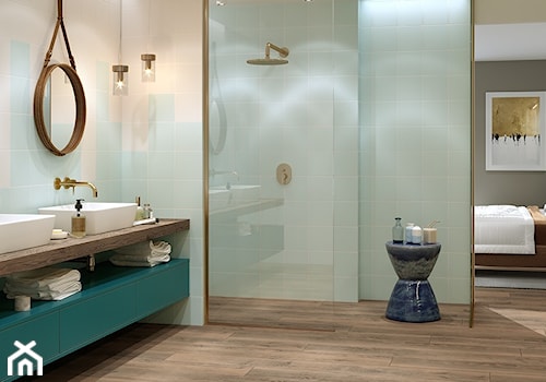 MONOBLOCK Pastels - Średnia bez okna z lustrem z dwoma umywalkami łazienka, styl nowoczesny - zdjęcie od Opoczno