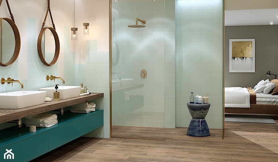 MONOBLOCK Pastels - Średnia bez okna z lustrem z dwoma umywalkami łazienka, styl nowoczesny - zdjęcie od Opoczno
