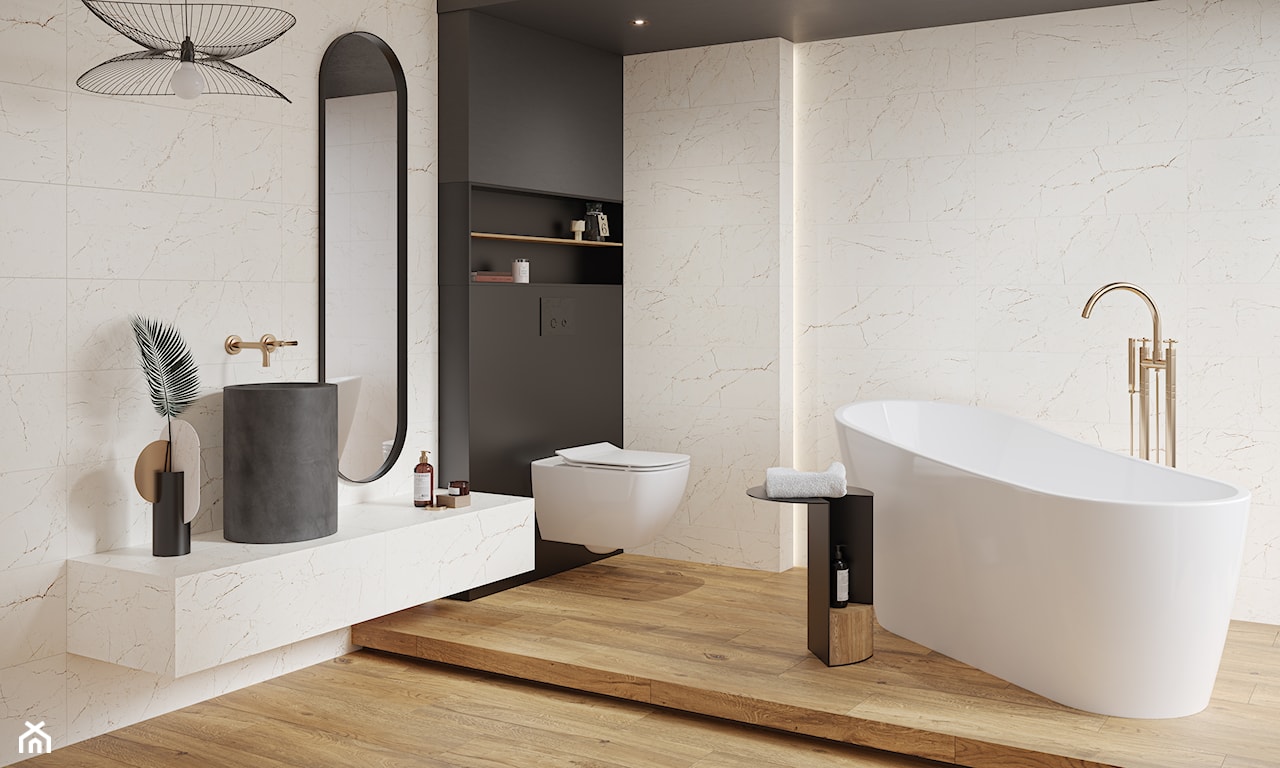 Nowoczesna łazienka z drewnem i białym marmurem w stylu nowoczesnym glamour