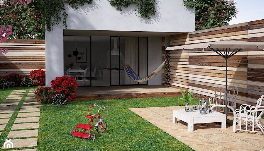 STONE 2.0 - Mały z meblami ogrodowymi z hamakiem taras z tyłu domu, styl nowoczesny - zdjęcie od Opoczno