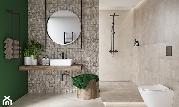 eklektyczna łazienka, beton w łazience, płytki strukturalne