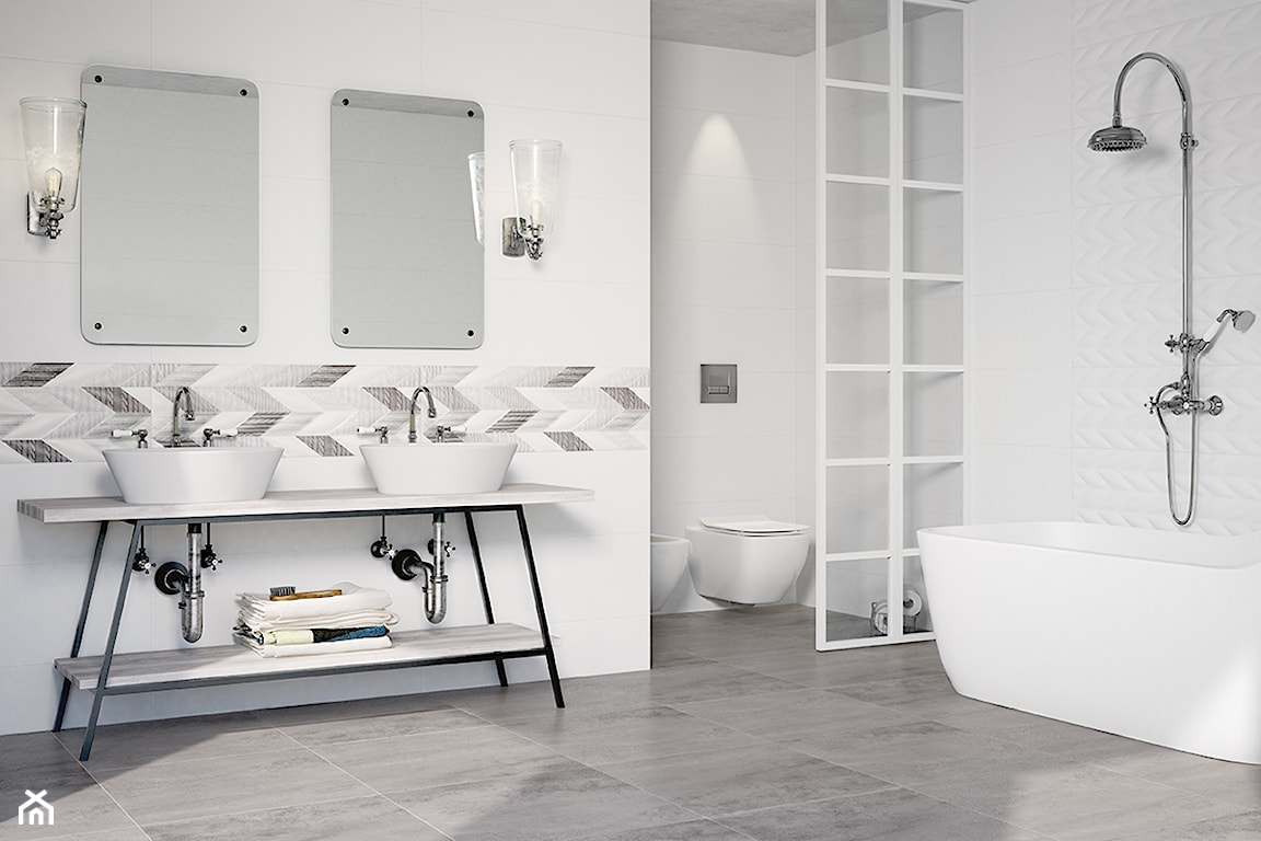 płytki imitujące beton i biel w łazience, białe płytki strukturalne inspirowane wełną