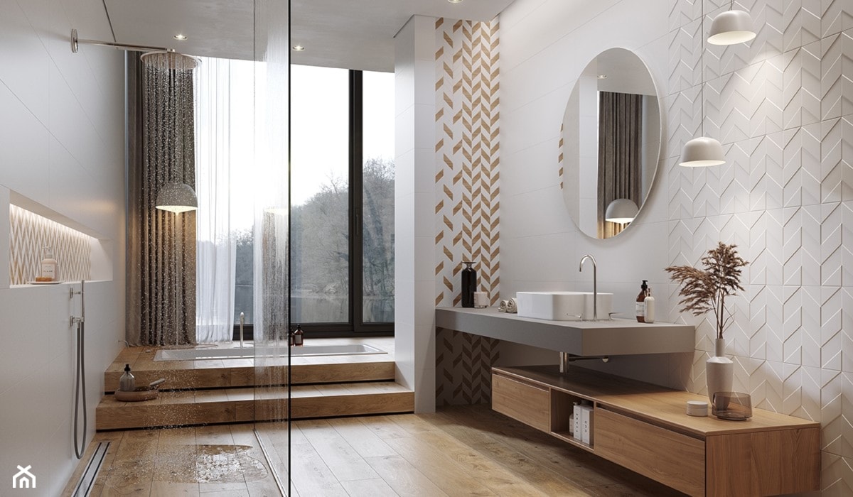 Łazienka z podłogą drewnopodobną w stylu skandynawskim z wanną i prysznicem 