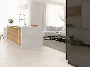 CREAMY TOUCH - Średnia otwarta z salonem biała z nablatowym zlewozmywakiem kuchnia jednorzędowa z wyspą lub półwyspem, styl minimalistyczny - zdjęcie od Opoczno