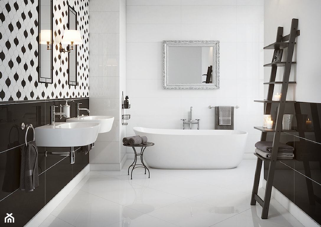 biało-czarna łazienka w stylu vintage, lustro ze srebrną ramą