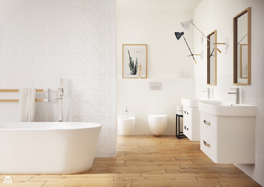 biel i drewno w łazience, białe płytki strukturalne do łazienki