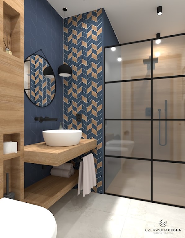 niebieska łazienka, łazienka z drewnem, eklektyczna łazienka
