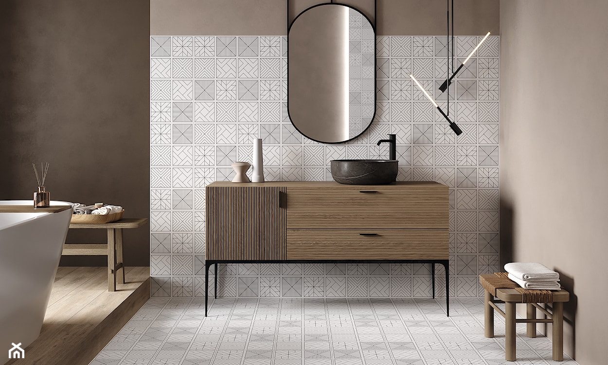 Naturalna minimalistyczna łazienka z płytkami patchwork