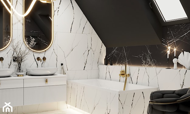 Marmurowa łazienka black&white w stylu glamour