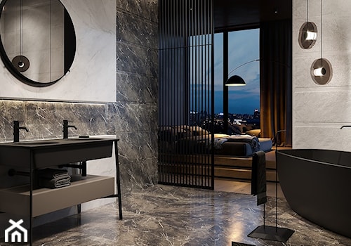 BREAK THE LINE - Średnia z dwoma umywalkami z marmurową podłogą łazienka, styl nowoczesny - zdjęcie od Opoczno