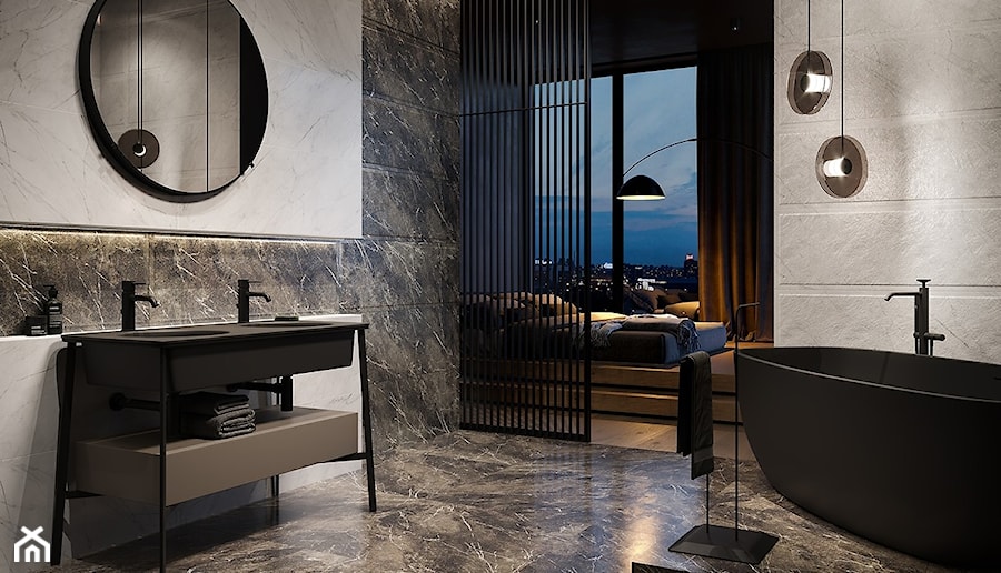 BREAK THE LINE - Średnia z dwoma umywalkami z marmurową podłogą łazienka, styl nowoczesny - zdjęcie od Opoczno