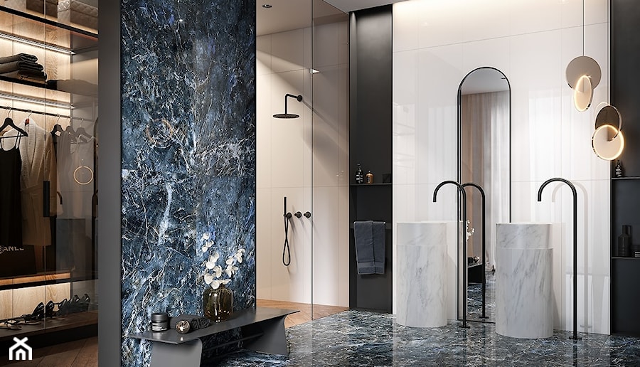 COLOR CRUSH - Duża z dwoma umywalkami z marmurową podłogą łazienka z oknem, styl nowoczesny - zdjęcie od Opoczno