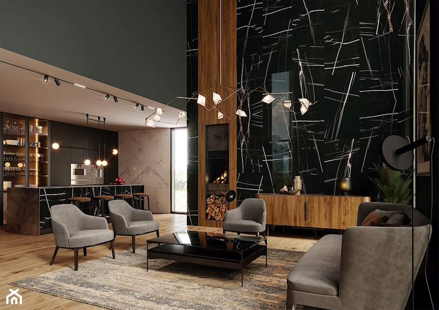 DESERT WIND - Duży brązowy czarny szary salon z kuchnią z tarasem / balkonem z barkiem, styl nowoczesny - zdjęcie od Opoczno
