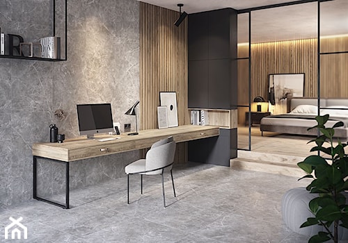 SILVER POINT - Duże w osobnym pomieszczeniu z zabudowanym biurkiem brązowe czarne szare biuro, styl industrialny - zdjęcie od Opoczno