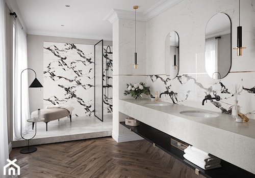 SANTIS - Duża jako pokój kąpielowy z dwoma umywalkami łazienka z oknem, styl glamour - zdjęcie od Opoczno